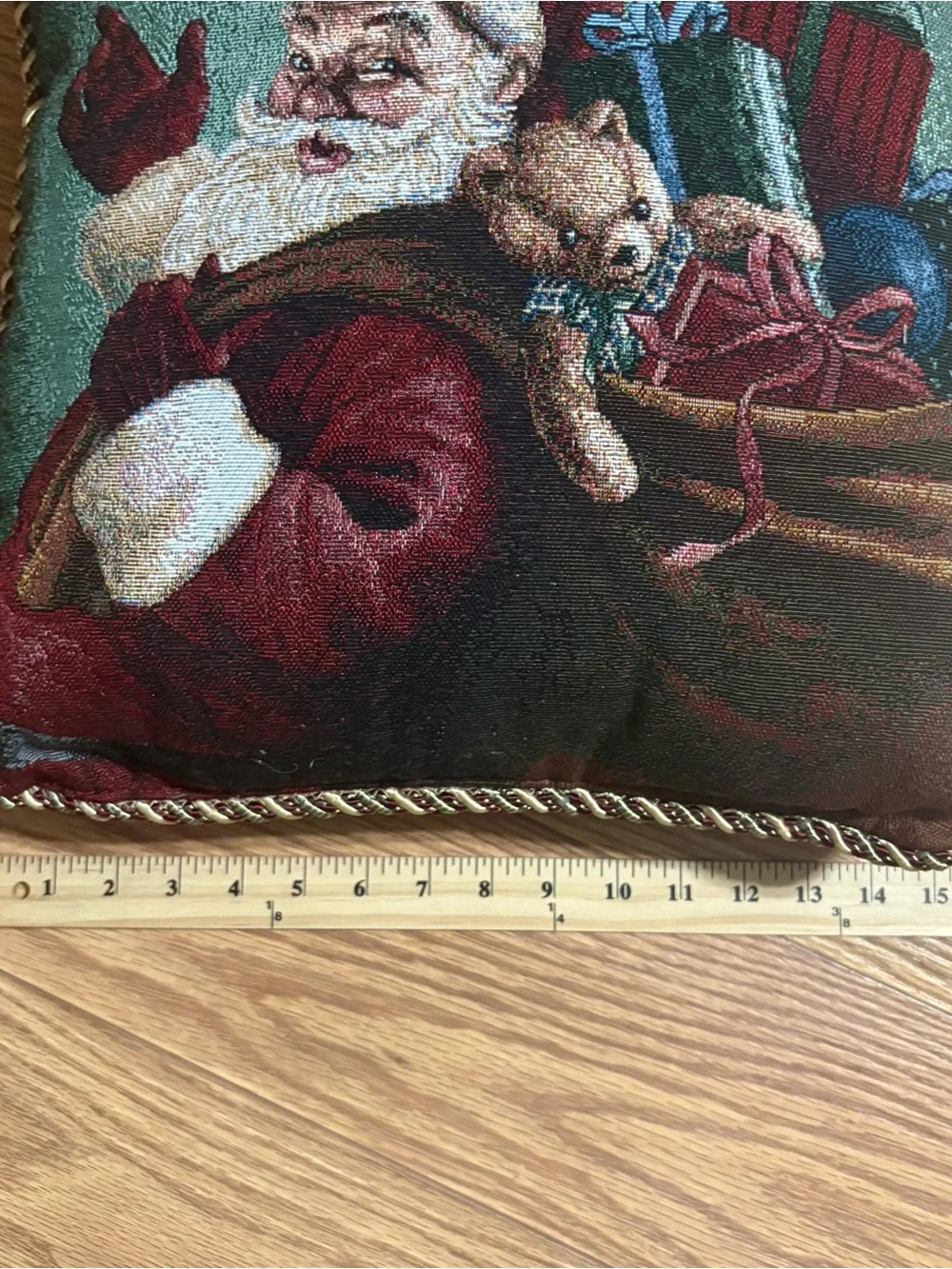 Christmas Tapestry Square Throw Pillow 16X16 Santa Claus w/gifts Bear Rope Trim